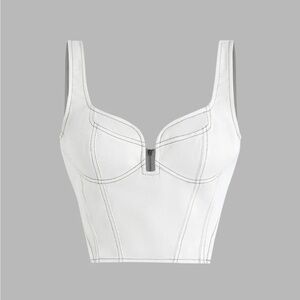 Cider white denim crop top with black stitching